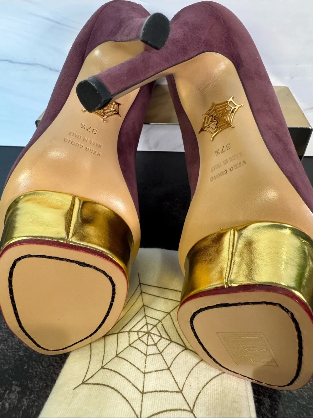 Charlotte Olympia Plum Suede & Gold Signature Platform Pumps Heels, Size 37.5